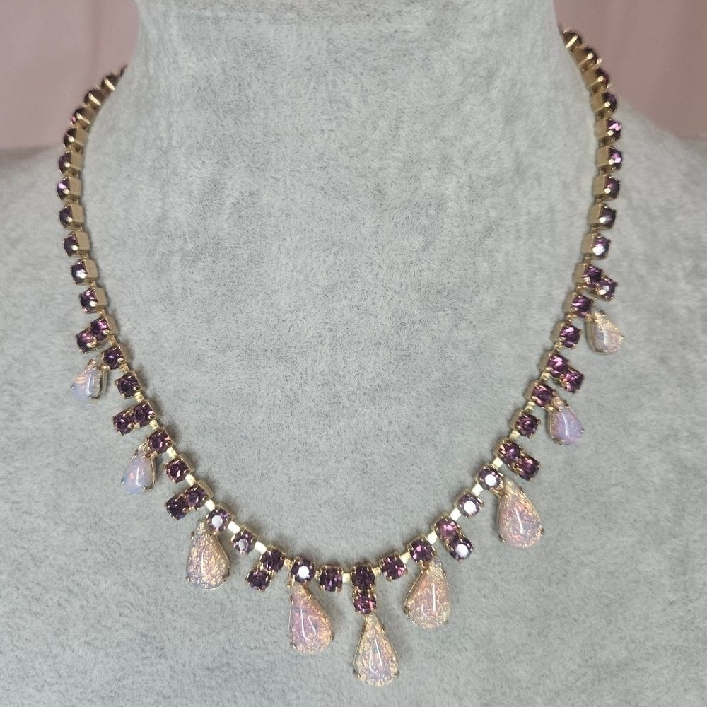 Vintage Harlequin Opal Pink And Purple Rhinestone 1950s Necklace EUC 15"